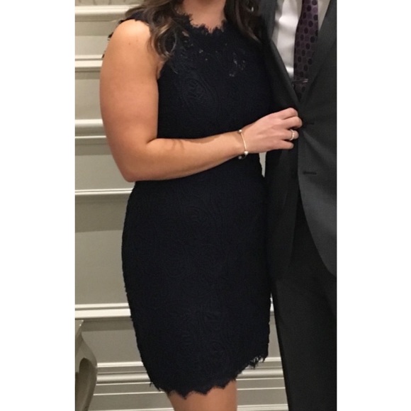 Navy sleeveless cocktail dress with lace and texturing. Size L. - Picture 11 of 11